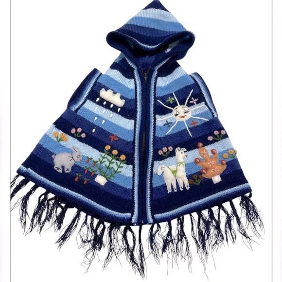 Blue Striped Crocheted Farm Animal Happy Day Zip Up hooded Poncho Little Girl